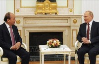 Chủ tịch nước Nguyễn Xuân Phúc hội đàm với Tổng thống Nga Vladimir Putin. Ảnh: TTXVN
