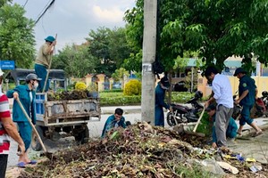 Lực lượng dân quân giúp địa phương dọn vệ sinh tại các trục đường quan trọng.
