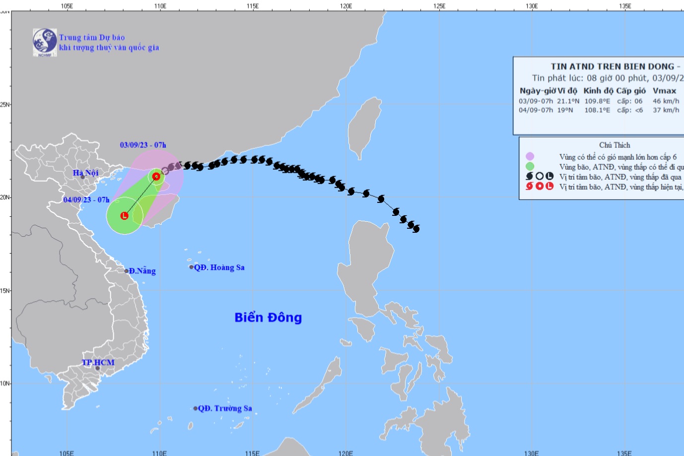 Dự báo vị trí, hướng di chuyển của áp thấp nhiệt đới. Ảnh: nchmf.gov.vn