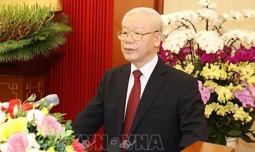 Tổng Bí thư Nguyễn Phú Trọng phát biểu tại buổi gặp mặt.