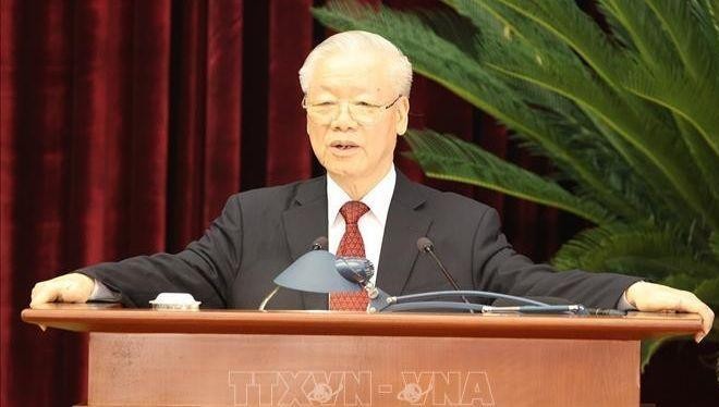Tổng Bí thư Nguyễn Phú Trọng phát biểu bế mạc Hội nghị. Ảnh: TTXVN.