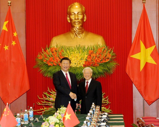 Tổng Bí thư Nguyễn Phú Trọng đón và hội đàm với Tổng Bí thư, Chủ tịch Trung Quốc Tập Cận Bình trong chuyến thăm cấp Nhà nước tới Việt Nam năm 2017. Ảnh: VGP