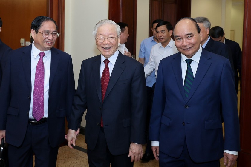 Tổng Bí thư Nguyễn Phú Trọng, Chủ tịch nước Nguyễn Xuân Phúc, Thủ tướng Phạm Minh Chính cùng các đại biểu dự Hội nghị.