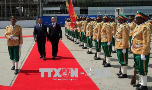 Chủ tịch nước Trần Đại Quang và Tổng thống Mulatu Teshome duyệt đội danh dự. Ảnh: TTXVN
 