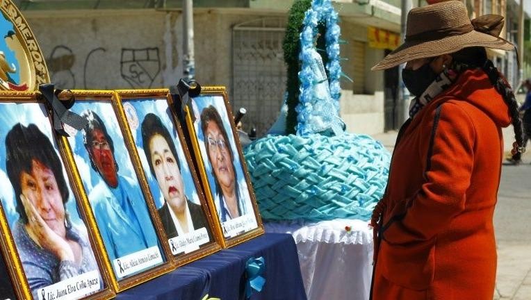 Một phụ nữ xem chân dung những nhân viên y tế Peru đã tử vong do Covid-19.