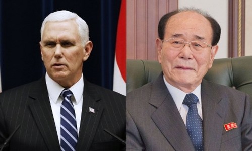 Phó tổng thống Mỹ Mike Pence và Chủ tịch quốc hội Triều Tiên Kim Yong-nam. Ảnh: AFP/Wikipedia/VnExpress