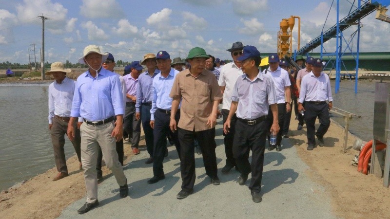 Ông Nguyễn Xuân Cường cùng lãnh đạo tỉnh An Giang thăm một mô hình nuôi cá tra