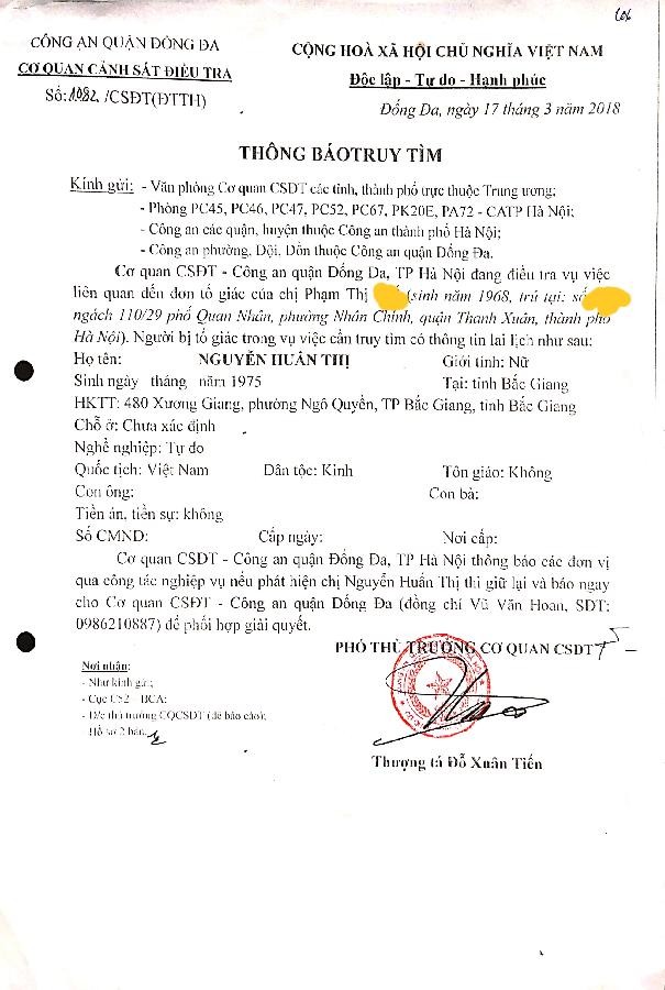 Thông báo truy tìm bà Nguyễn Huấn Thị - Cty Minh Châu Asian.