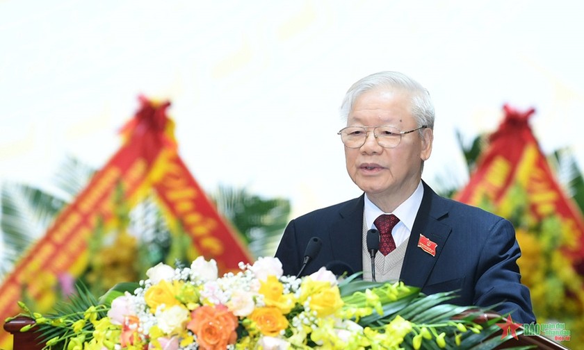 Tổng Bí thư Nguyễn Phú Trọng phát biểu tại đại hội. Ảnh Báo QĐND