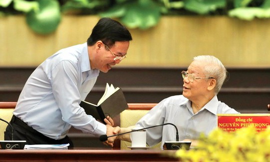 Tổng Bí thư Nguyễn Phú Trọng và Thường trựcnBan Bí thư Võ Văn Thưởng tại buổi làm việc với Thành ủy TPHCM tháng 9/2022. Ảnh: DŨNG PHƯƠNG