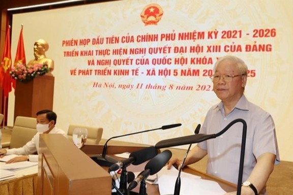 Phát biểu tại phiên họp toàn quốc đầu tiên của Chính phủ nhiệm kỳ 2021 - 2026, Tổng Bí thư Nguyễn Phú Trọng yêu cầu làm tốt hơn nữa công tác cán bộ. (Ảnh TTXVN)