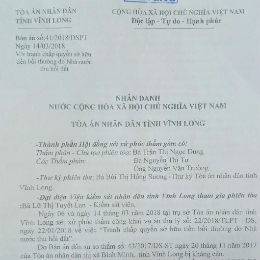 Bản án Tòa phúc thẩm TAND tỉnh Vĩnh Long đã tuyên “Ông Võ Văn Phền được quyền đến BQLDA đầu tư xây dựng TX Bình Minh nhận số tiền trên 968 triệu đồng”