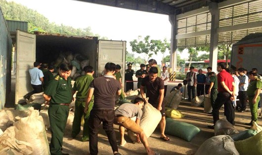 Các lực lượng bắt giữ và kiểm đếm số lượng hàng nhà voi, vẩy tê tê tại cảng Tiên Sa