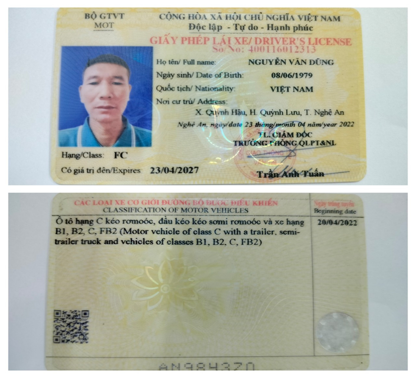 Giấy phép lái xe ô tô của Nguyễn Văn Dũng sử dụng có dấu hiệu làm giả (Ảnh: Công an cung cấp)