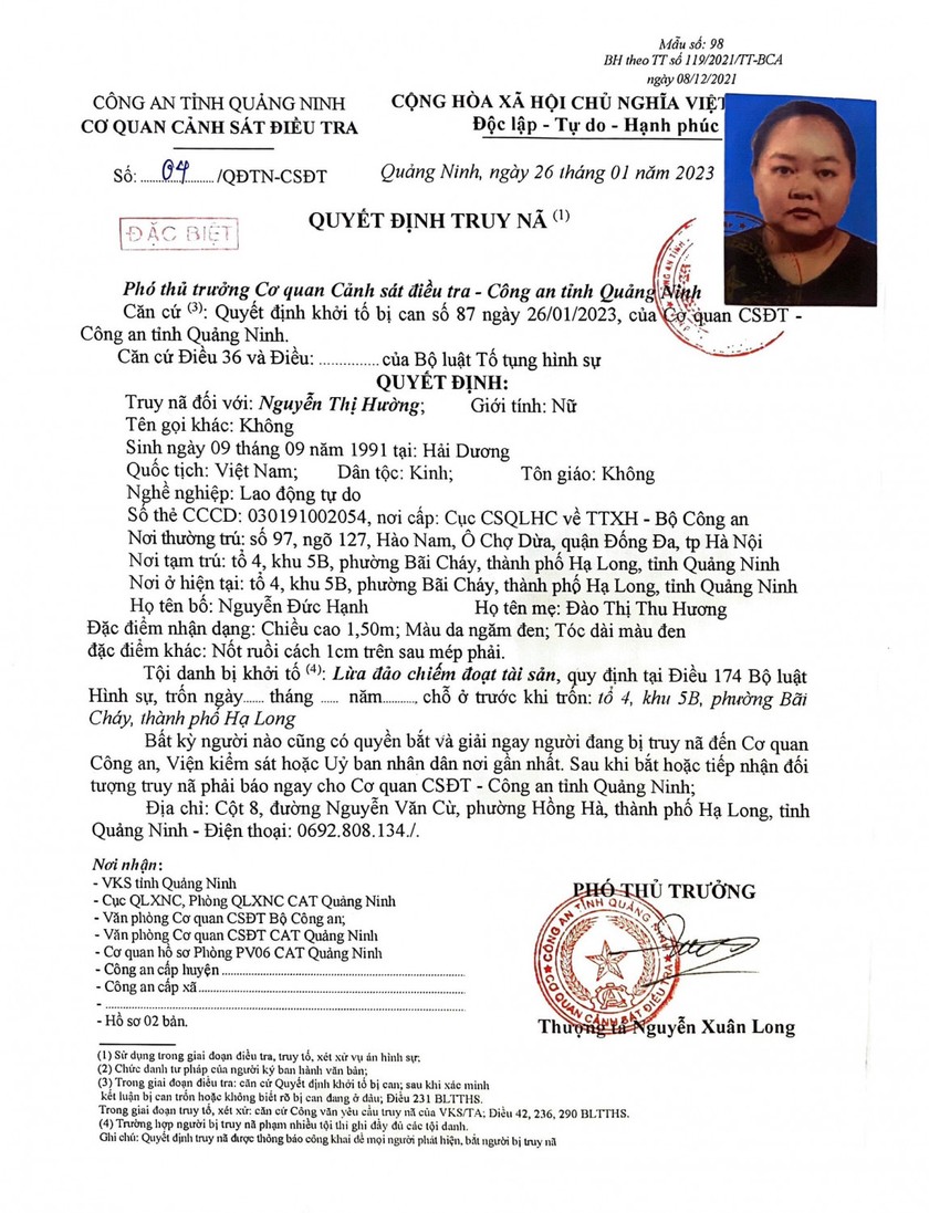 Quyết định truy nã Nguyễn Thị Hường