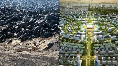 Bãi rác lốp xe cũ và thành phố thông minh trong tương lai. Ảnh: AFP và Korea Land and Housing Corp. 