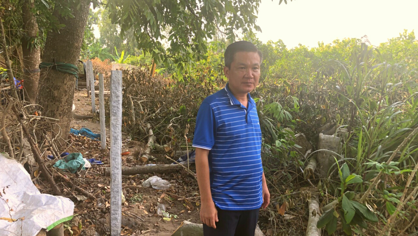 Ông Nguyễn Thành Nam buồn bã vì không thể hoàn thiện việc xây dựng hàng rào để bảo vệ vườn mít của mình.