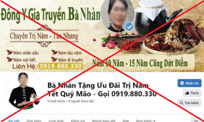 Trang facebook “Bà Nhàn Tặng Ưu Đãi Trị Nám Tết Quý Mão - Gọi 0919880330” do các đối tượng lập ra để tiếp cận “con mồi”. (Ảnh: CA Hà Tĩnh)