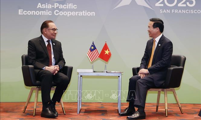 Chủ tịch nước Võ Văn Thưởng tiếp Thủ tướng Malaysia Anwar Ibrahim. Ảnh: TTXVN