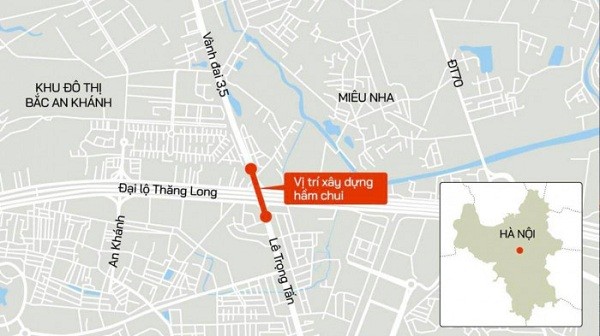 Bản đồ thể hiện vị trí nút giao đại lộ Thăng Long - đường Vành đai 3,5 Hà Nội.