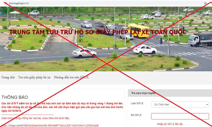 Website giả mạo tracuugplxgov.vn có giao diện, nội dung tương tự với trang thông tin điện tử Giấy phép lái xe do Tổng cục Đường bộ Việt Nam quản lý.