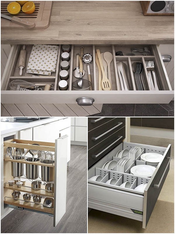 Dụng cụ bếp được sắp xếp gọn gàng trong các ngăn tủ.
