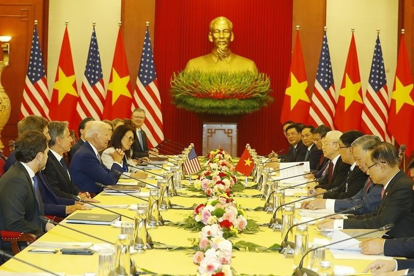 Tổng Bí thư Nguyễn Phú Trọng hội đàm với Tổng thống Hoa Kỳ Joe Biden. (Ảnh: TTXVN).