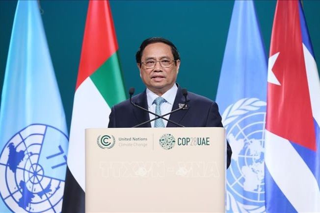 Thủ tướng Phạm Minh Chính phát biểu tại Hội nghị thượng đỉnh Nhóm G77 về Biến đổi khí hậu nhân dịp Hội nghị COP28. (Ảnh: VGP)