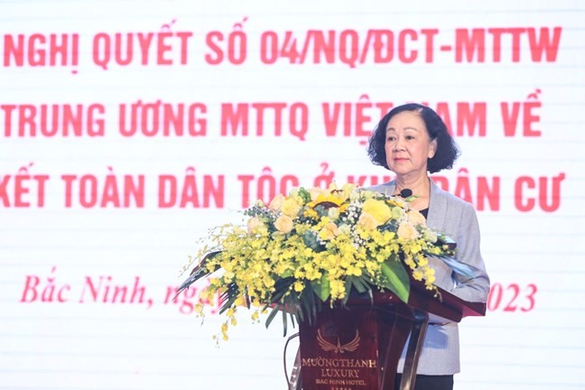Ủy viên Bộ Chính trị, Thường trực Ban Bí thư, Trưởng Ban Tổ chức Trung ương Trương Thị Mai phát biểu tại Hội nghị.