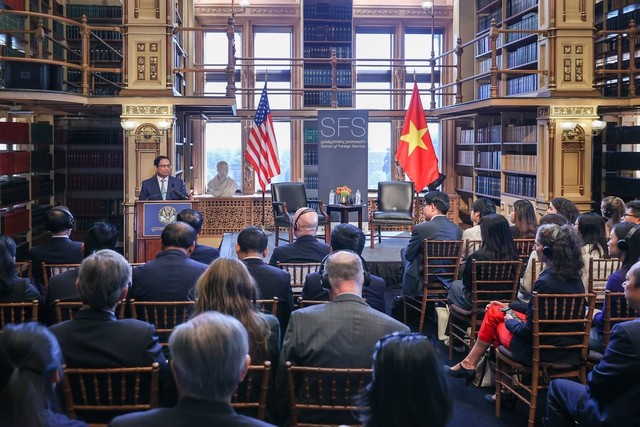 Thủ tướng phát biểu tại thư viện của Đại học Georgetown - Ảnh: VGP/Nhật Bắc