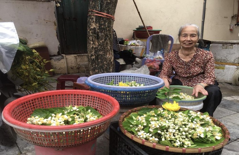 Bà Phan Thị Thu (82 tuổi) bên gánh hàng hoa mỗi sớm. 