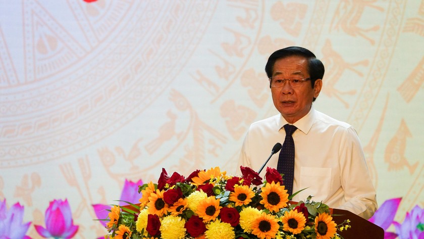 Ông Đỗ Thanh Bình - Bí Thư Tỉnh uỷ Kiên Giang - phát biểu tại hội nghị công bố quy hoạch thời kỳ 2021-2030, tầm nhìn đến năm 2050. (Ảnh: Khánh Thùy)