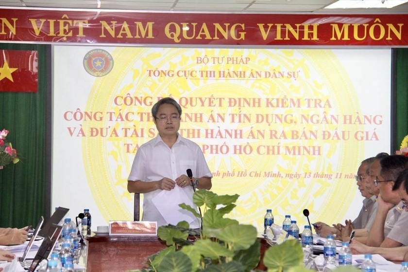Tổng cục trưởng Tổng cục Thi hành án dân sự Nguyễn Quang Thái chủ trì buổi làm việc.