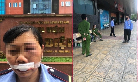 Nữ bảo vệ chung cư Nam Đô nghi bị nhân viên giao hàng ném điện thoại gây bị thương. Ảnh: Cư dân cung cấp
