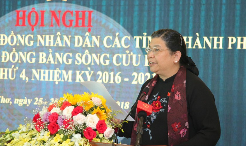 Phó Chủ tịch thường trực Quốc hội Tòng Thị Phóng phát biểu tại hội nghị.