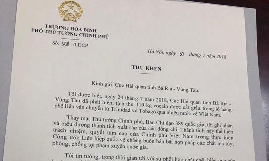 Vụ phát hiện 119 kg cocain: Phó Thủ tướng gửi thư khen Hải quan Bà Rịa Vũng Tàu