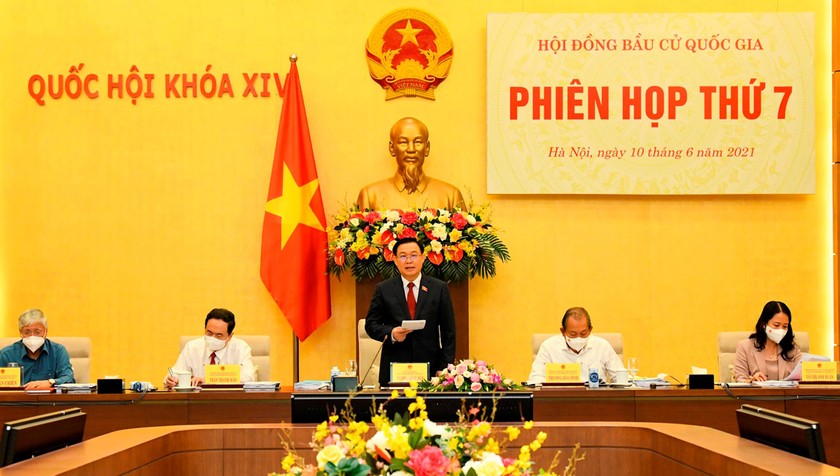 Chủ tịch Quốc hội Vương Đình Huệ phát biểu khai mạc Phiên họp thứ 7, Hội đồng Bầu cử Quốc gia.