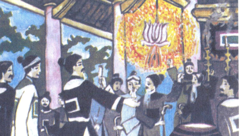 Tranh vẽ cảnh các bô lão trong Hội nghị Diên Hồng.