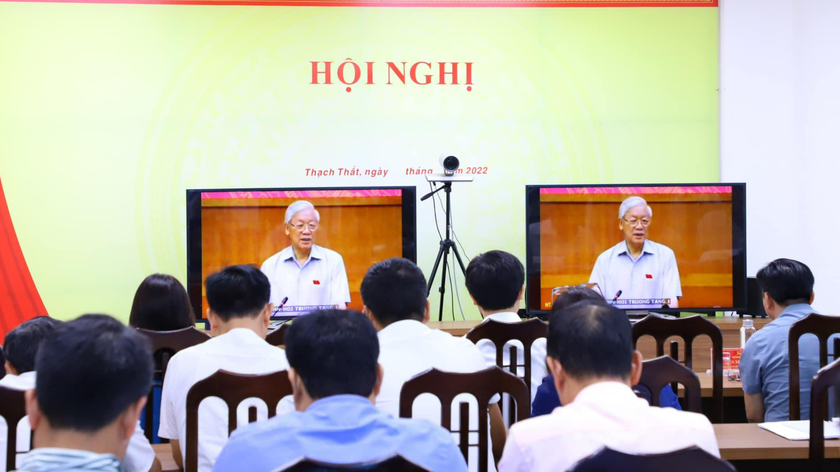 Hội nghị tại điểm cầu huyện Thạch Thất (Hà Nội) - ảnh: Ban Tuyên giáo huyện Thạch Thất