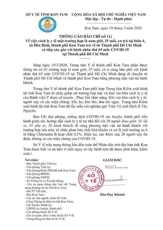 Thông báo của Sở Y tế tỉnh Kon Tum liên quan đến trường hợp vừa bị cách ly. 