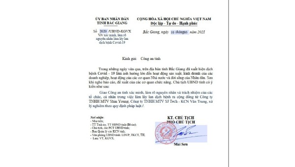 Công văn của tỉnh Bắc Giang đề nghị Công an tỉnh xác minh làm rõ nguyên nhân và trách nhiệm trong việc làm lây lan Covid 19 ra cộng đồng.