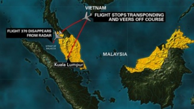 Theo báo chí Malaysia đưa hôm qua, thì máy bay MH370 đã quay lại và hướng về phia eo biển Malacca (đường đỏ). Đồ họa: CNN