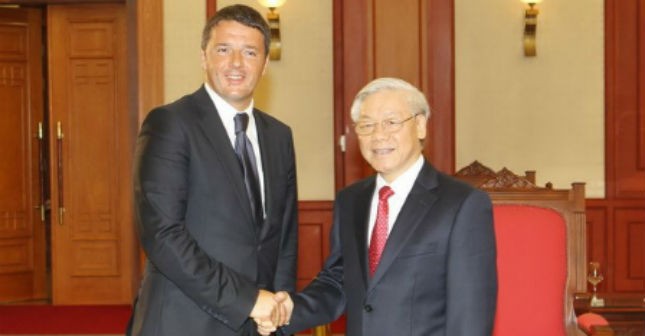 Tổng Bí thư Nguyễn Phú Trọng tiếp Thủ tướng nước Cộng hòa Italy Matteo Renzi thăm chính thức Việt Nam. (Ảnh: Trí Dũng/TTXVN)  