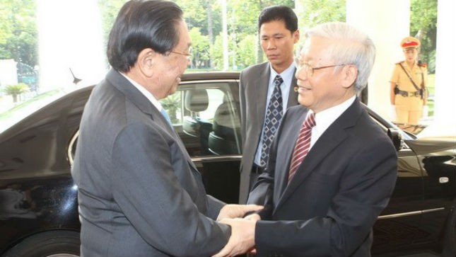 Tổng Bí thư Nguyễn Phú Trọng đón tiếp Tổng Bí thư, Chủ tịch nước Lào Chummaly Sayasone. Ảnh: TTXVN