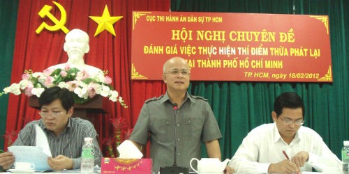 Nguyên Thứ  trưởng Nguyễn Đức Chính phát biểu tại Hội nghị Chuyên đề đánh giá việc thực hiện thí điểm Thừa phát lại tại TP.Hồ Chí Minh