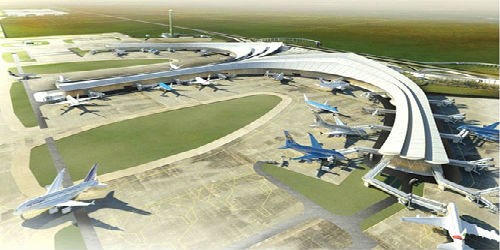 Mô hình nhà ga hành khách phía sau sân đậu máy bay của sân bay Long Thành