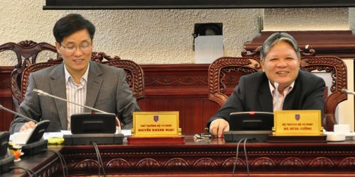 Bộ trưởng Hà Hùng Cường và Thứ trưởng Nguyễn Khánh Ngọc tại phiên họp
