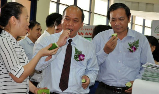 Thứ trưởng Vũ Văn Tám ăn thử dưa chuột sạch của FVF