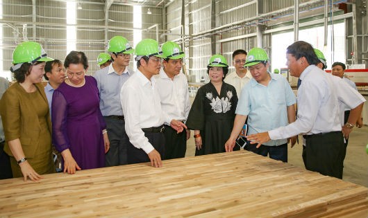 Phó Thủ tướng Vương Đình Huệ thăm quan nhà máy chế biến gỗ