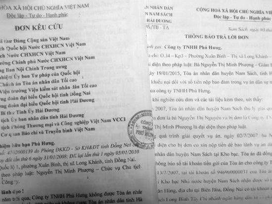 Đơn kêu cứu của Cty Phú Hưng và Thông báo trả lời của TAND huyện Nam Sách